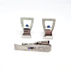 VTG Art Deco Silver Tone Blue Sapphire Accent Cufflink Tie Clip Set Pair Euc